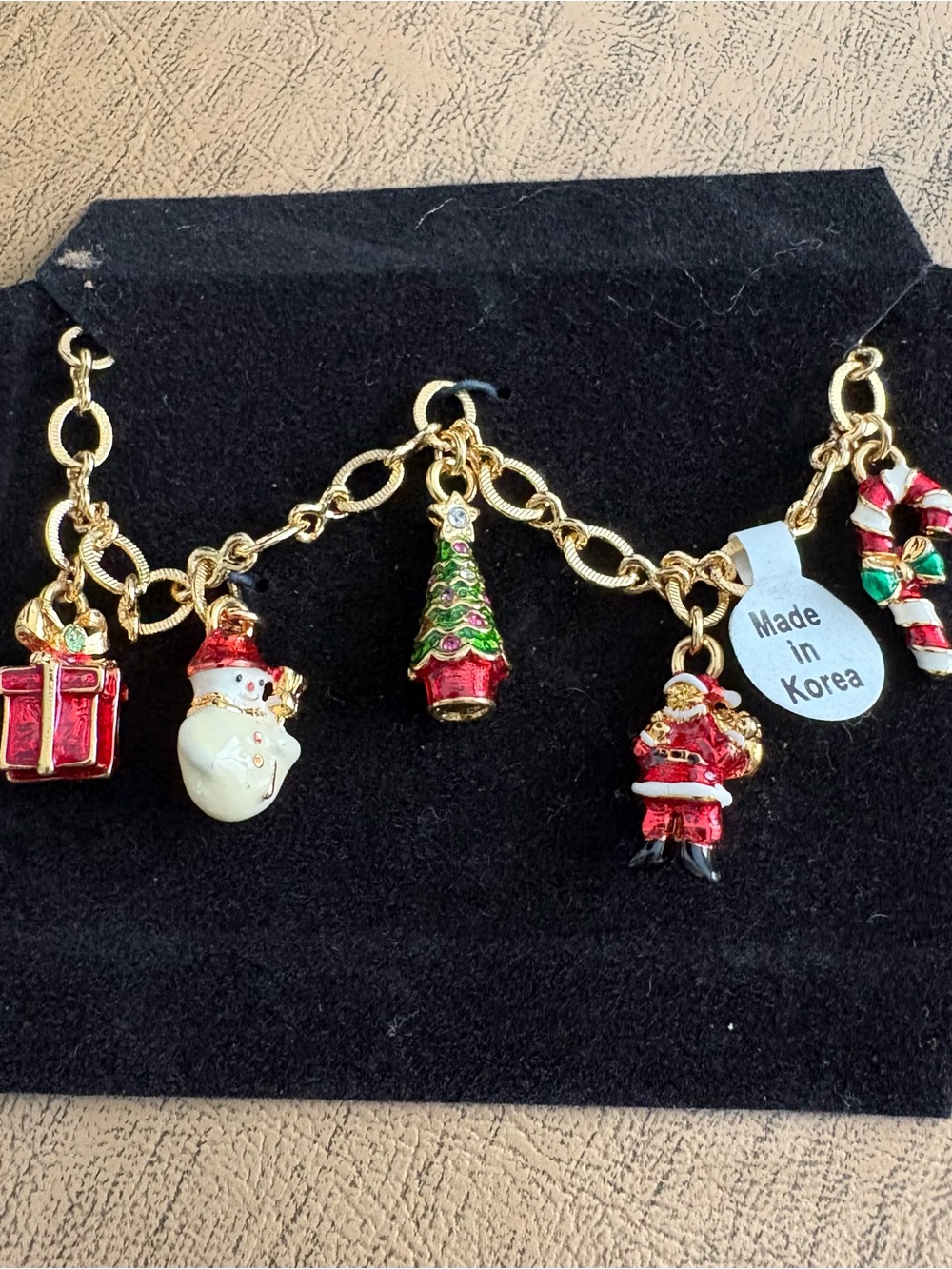 Vintage Made in Korea Gold-Tone Christmas Charm Bracelet with Red & Green Enamel